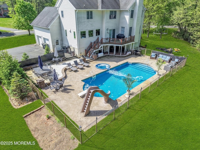 9 Mehar Ct, Jackson, NJ 08527 - view of pool with stairway, a deck, an outdoor hangout area, an in-ground hot tub, and a patio area