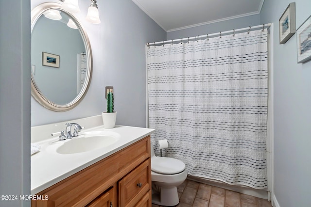 bathroom featuring wood finished floors, vanity, toilet, and crown molding