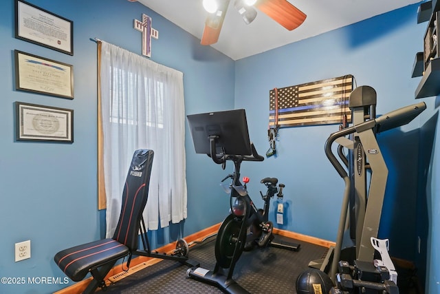 workout area featuring ceiling fan