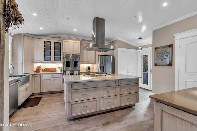 kitchen with vaulted ceiling, wooden ceiling, island exhaust hood, stainless steel appliances, and backsplash