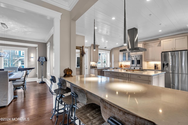 kitchen with pendant lighting, dark wood-type flooring, stainless steel appliances, tasteful backsplash, and island range hood