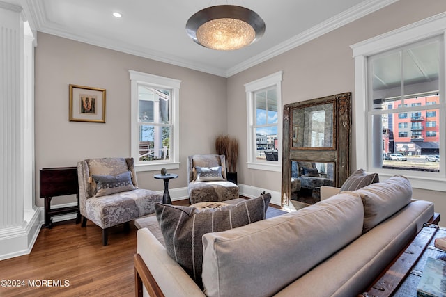 living room featuring hardwood / wood-style floors and crown molding