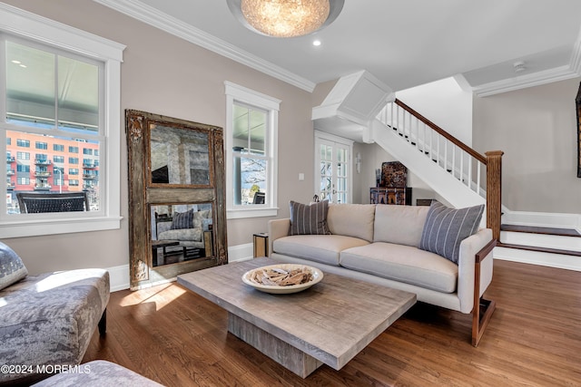 living room with ornamental molding and wood-type flooring