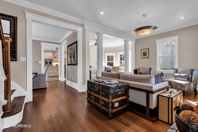 living room with ornate columns, crown molding, and dark hardwood / wood-style flooring