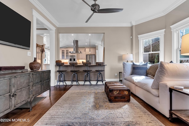 living room with dark wood-type flooring, ceiling fan, and ornamental molding