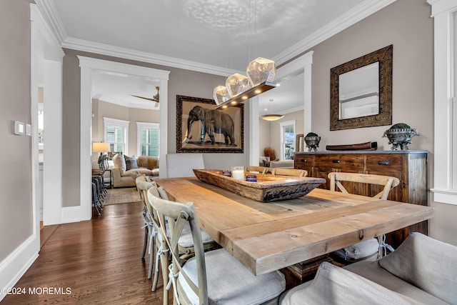 dining area featuring crown molding and dark wood-type flooring