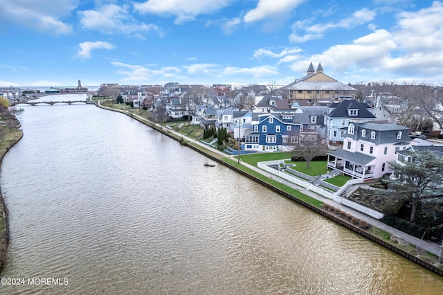 aerial view featuring a water view