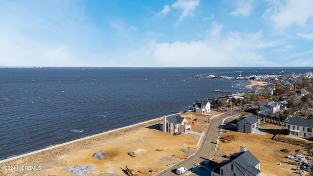 drone / aerial view with a water view and a beach view