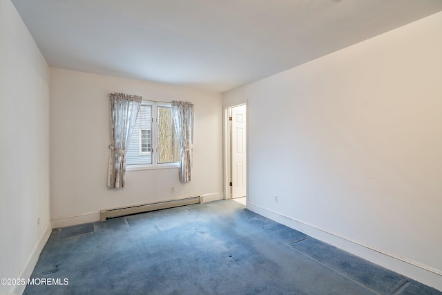 unfurnished room with carpet floors and a baseboard radiator