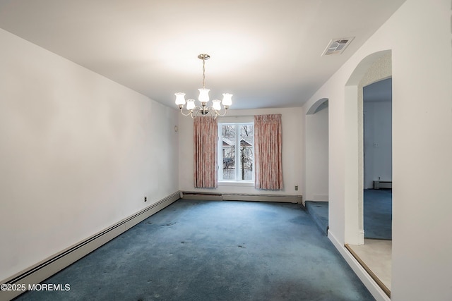 unfurnished room with an inviting chandelier, a baseboard radiator, and carpet flooring