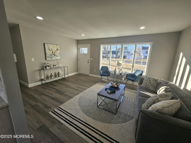 living room with dark hardwood / wood-style floors