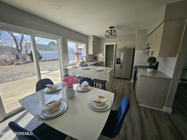 dining space with dark hardwood / wood-style flooring and sink