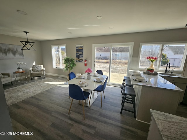 dining space with sink, a wealth of natural light, and dark hardwood / wood-style floors