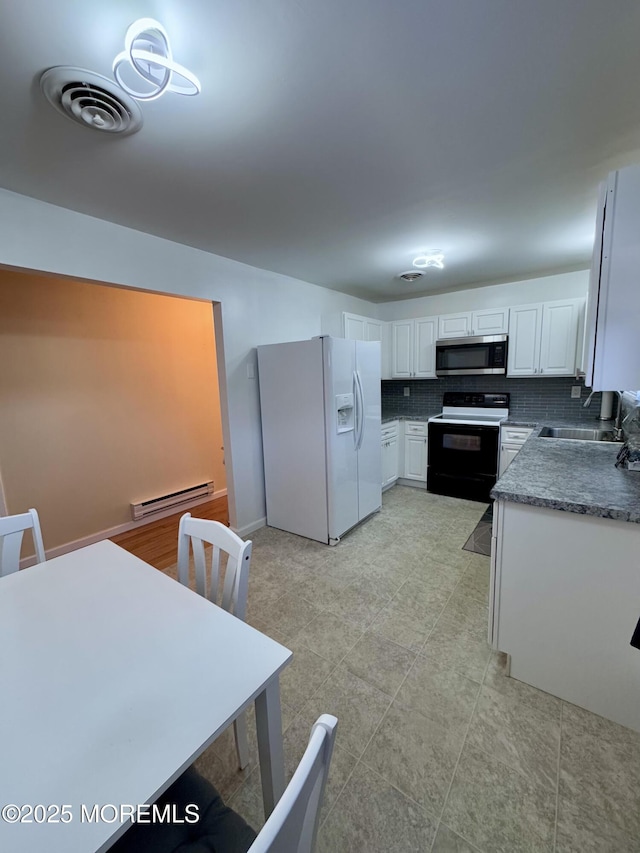 kitchen featuring white cabinetry, a baseboard radiator, sink, white refrigerator with ice dispenser, and black electric range