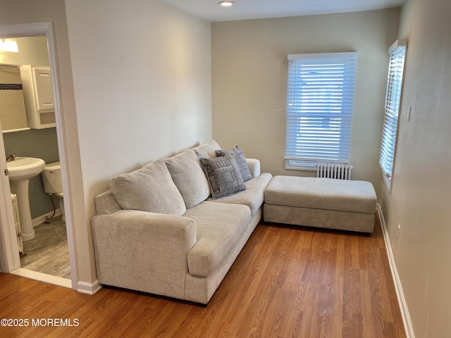 living room with hardwood / wood-style floors, sink, and radiator heating unit