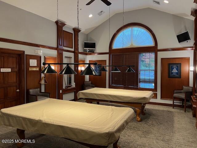 rec room featuring pool table, high vaulted ceiling, ceiling fan, and carpet flooring