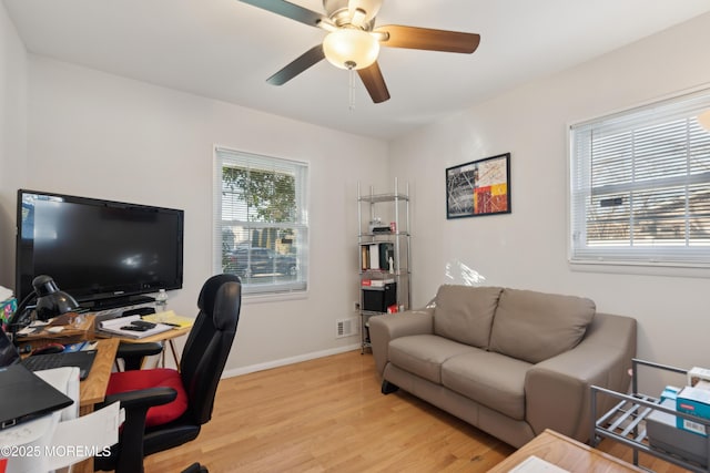 home office featuring light hardwood / wood-style floors and ceiling fan