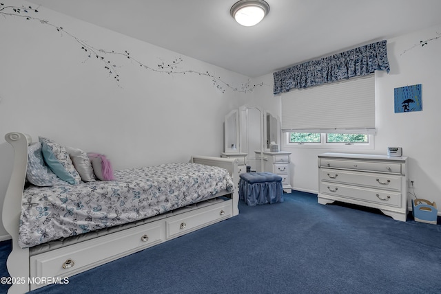 bedroom with dark colored carpet