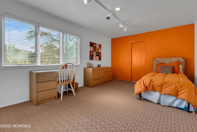 bedroom featuring track lighting and light colored carpet