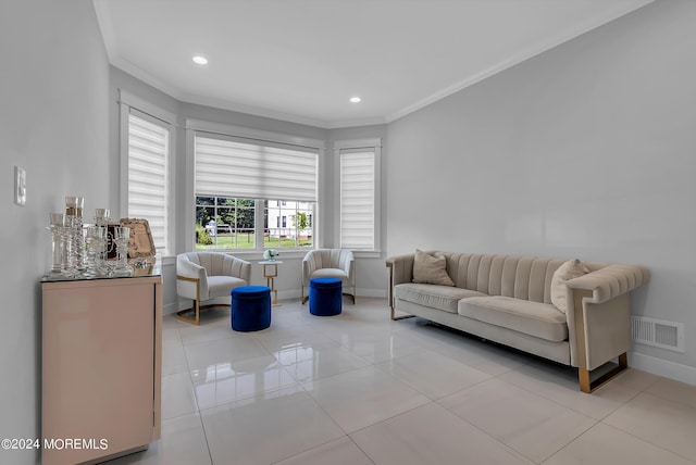 tiled living room featuring ornamental molding