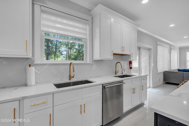 kitchen featuring sink, stainless steel dishwasher, white cabinets, and decorative backsplash