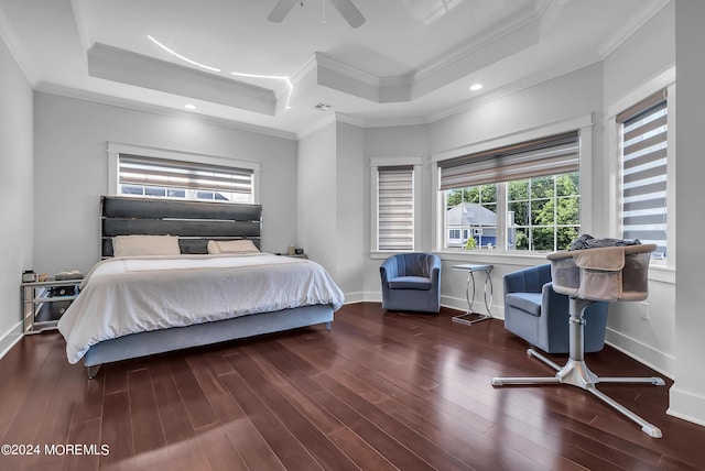 bedroom featuring crown molding, ceiling fan, a raised ceiling, and dark wood-type flooring