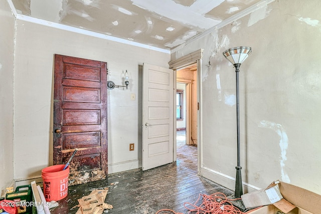 interior space featuring ornamental molding and dark hardwood / wood-style flooring