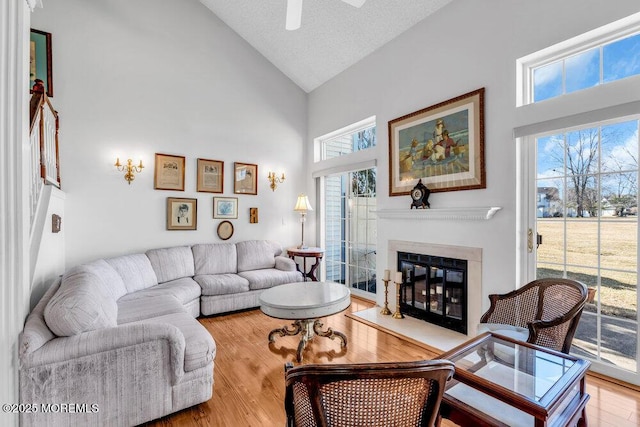 living room with a textured ceiling, wood-type flooring, high vaulted ceiling, and a healthy amount of sunlight