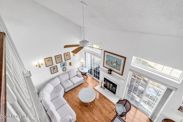 living room featuring hardwood / wood-style flooring, a healthy amount of sunlight, a textured ceiling, and high vaulted ceiling