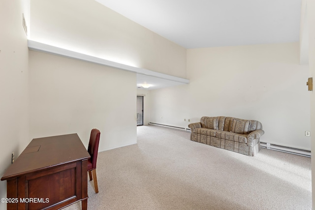 living area featuring lofted ceiling, light colored carpet, and baseboard heating