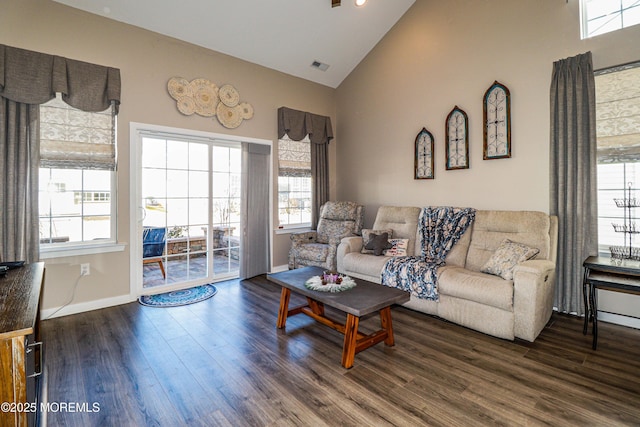 living room with wood-type flooring and high vaulted ceiling