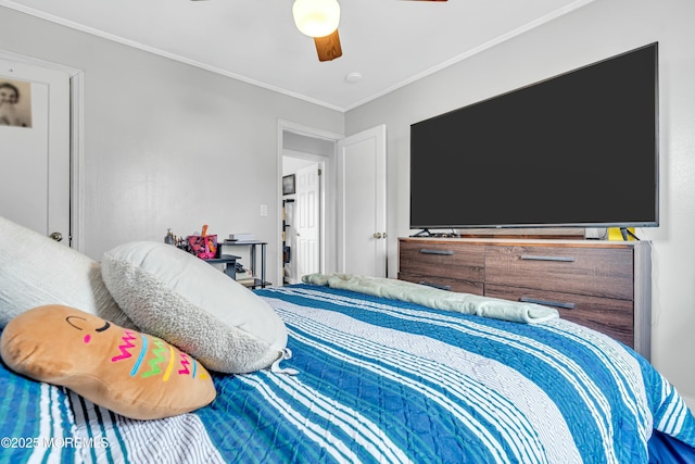 bedroom with crown molding and ceiling fan