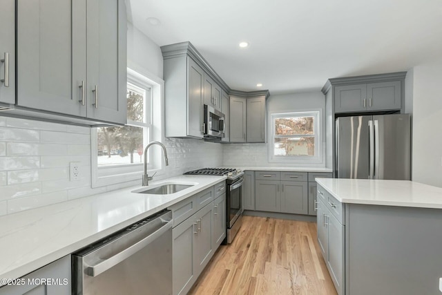 kitchen featuring a healthy amount of sunlight, stainless steel appliances, gray cabinets, and sink