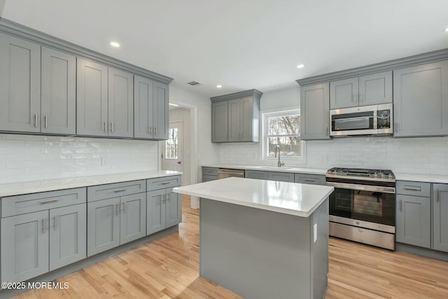 kitchen with a kitchen island, appliances with stainless steel finishes, sink, gray cabinetry, and light wood-type flooring