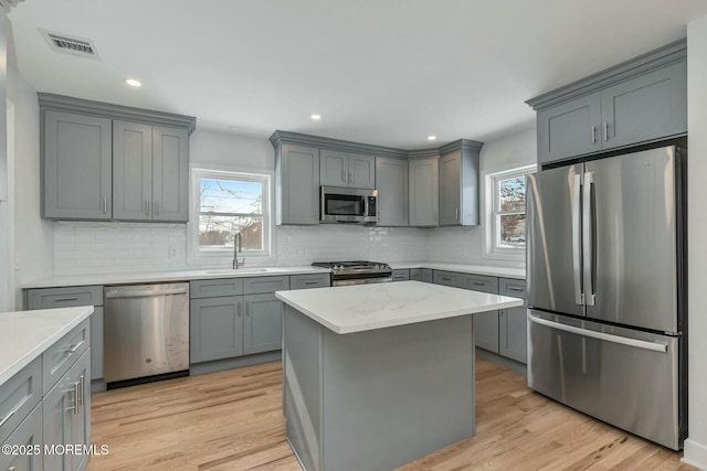 kitchen featuring stainless steel appliances, a center island, sink, and gray cabinetry