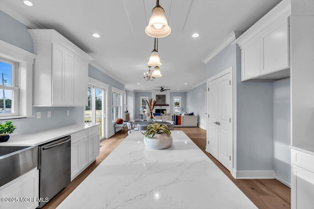 302 Reef Ct, Forked River, NJ 08731 - kitchen featuring dishwasher, crown molding, recessed lighting, a chandelier, and white cabinetry