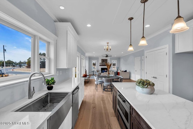 302 Reef Ct, Forked River, NJ 08731 - kitchen featuring stainless steel appliances, light wood-style floors, a chandelier, recessed lighting, and white cabinets