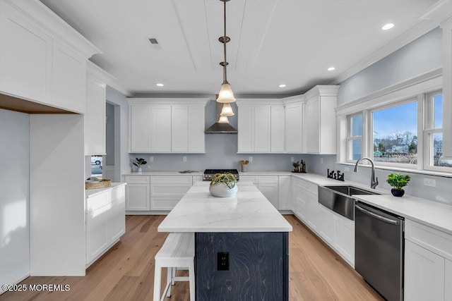 302 Reef Ct, Forked River, NJ 08731 - kitchen featuring stainless steel dishwasher, wall chimney exhaust hood, a kitchen island, white cabinets, and recessed lighting