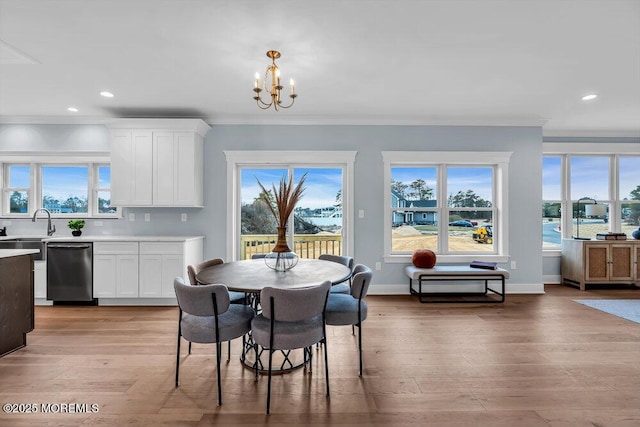 302 Reef Ct, Forked River, NJ 08731 - dining area with crown molding, a chandelier, light wood-type flooring, and recessed lighting
