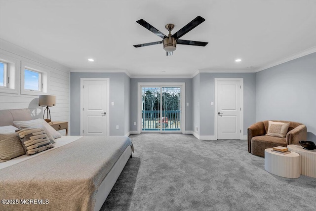 302 Reef Ct, Forked River, NJ 08731 - bedroom with access to outside, crown molding, recessed lighting, carpet, and a ceiling fan