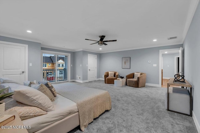 302 Reef Ct, Forked River, NJ 08731 - bedroom featuring access to outside, recessed lighting, carpet flooring, ornamental molding, and a ceiling fan