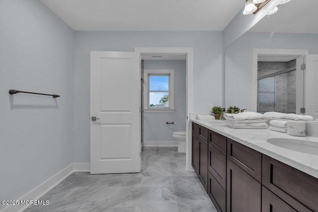 302 Reef Ct, Forked River, NJ 08731 - full bathroom featuring double vanity, a shower stall, and marble finish flooring