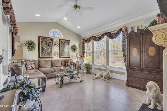 living room featuring vaulted ceiling and ceiling fan