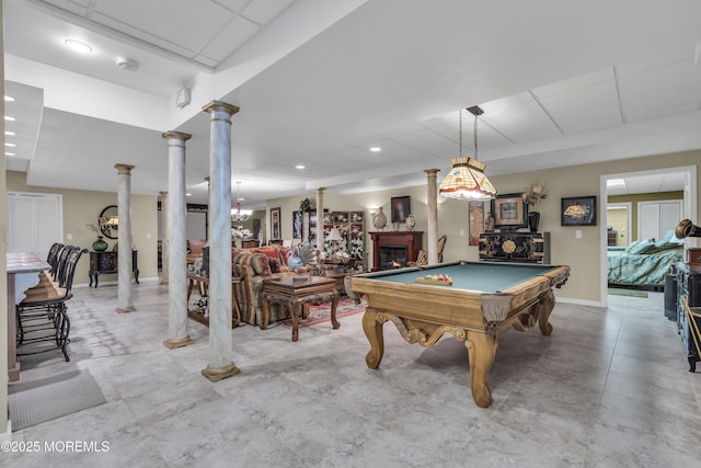 rec room featuring billiards and ornate columns