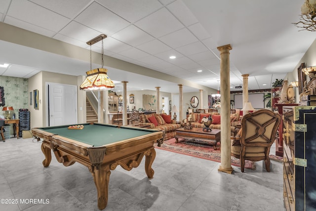 rec room with decorative columns, a drop ceiling, and billiards