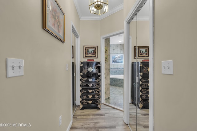 hall featuring ornamental molding, an inviting chandelier, and light hardwood / wood-style flooring