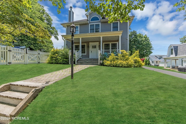 view of front of house with a porch and a front lawn