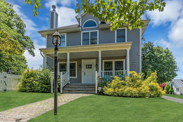 view of front of home featuring a porch and a front lawn