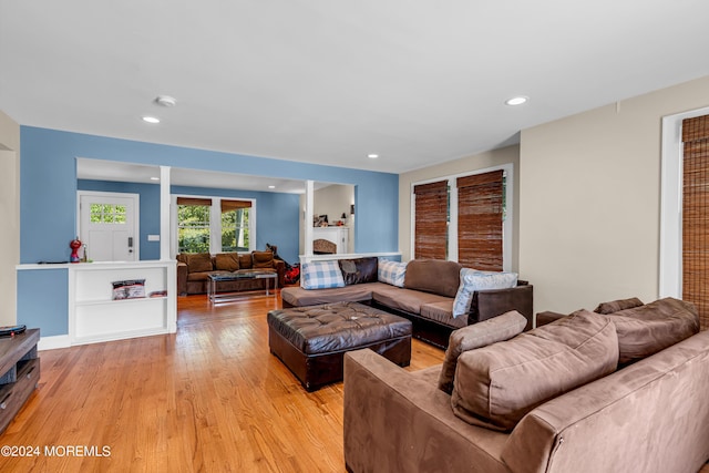 living room with light hardwood / wood-style flooring