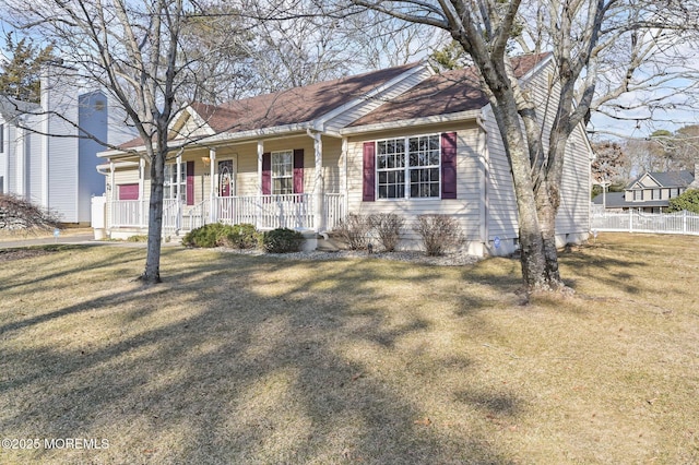 single story home with a porch and a front yard